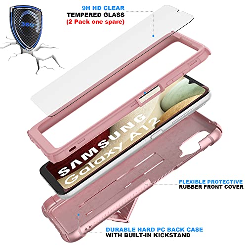 ORETECH Funda para Samsung Galaxy A12/M12,con [2x Protector de Pantalla de Vidrio Cristal Templado]360° Antigolpes con Magnética Built-in Soporte Carcasa Silicona PC Caso para Samsung A12/M12-Oro rosa