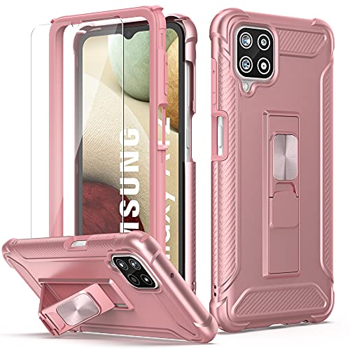 ORETECH Funda para Samsung Galaxy A12/M12,con [2x Protector de Pantalla de Vidrio Cristal Templado]360° Antigolpes con Magnética Built-in Soporte Carcasa Silicona PC Caso para Samsung A12/M12-Oro rosa