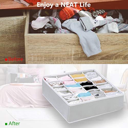 Organizadores de Cajones, 24 Celdas Plegable Cajas de Almacenamiento, Cajas Organizadoras para Calcetines, Bragas, Corbata, Pañuelos Accesorios (2 Paquetes,Gris）