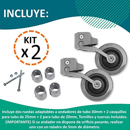 OrtoPrime Kit x2 RUEDAS Andadores Ancianos - Ruedas Traseras Adaptables a Andadores de Adultos - Casquillos Compatibles Tubo de 30mm 25mm y 22mm - Freno a la Carga por Presión y Fácil Instalación