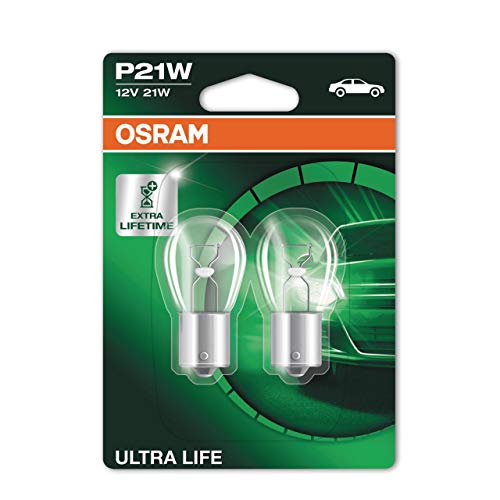 OSRAM ULTRA LIFE P21W, lámpara de señalización halógena, luz de freno, luz adicional trasera, 7506ULT-02B, automóvil de 12 V, ampolla doble (2 unidades)
