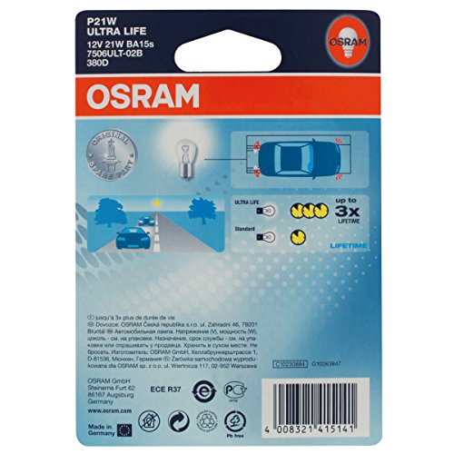 OSRAM ULTRA LIFE P21W, lámpara de señalización halógena, luz de freno, luz adicional trasera, 7506ULT-02B, automóvil de 12 V, ampolla doble (2 unidades)