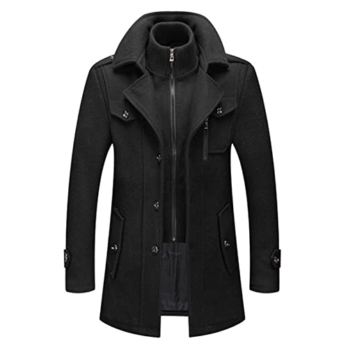 Otoño Suéter Nuevos Hombres Lana Mezclas Abrigos Otoño Invierno Color Sólido Resistente al Frío Hombres Abrigo de Lana Doble Collar Casual Gabardina, Negro, XXL