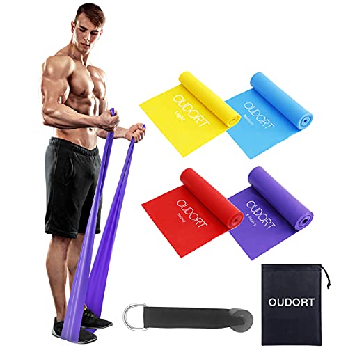 Oudort Cintas Elásticas Musculación, 4 Gomas Elásticas Fitness sin Látex con Anclaje Puerta para Yoga, Pilates, Estiramientos, Rehabilitación, Ejercicios de Musculares y Glúteos, Hombre y Mujer(1.8m)