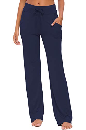 OURCAN Pantalones De Yoga para Mujer con Bolsillos Cordón De Pierna Ancha Salón Recto Suelto Pantalones De Entrenamiento De Entrenamiento Pantalones De Chándal Casuales Activos (Azul Marino, M)