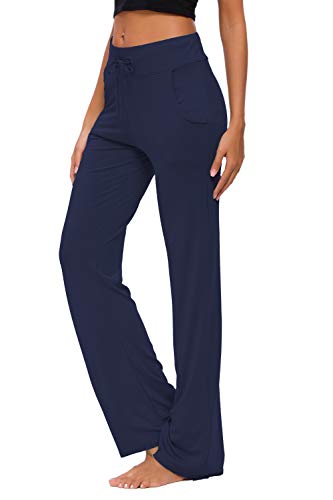 OURCAN Pantalones De Yoga para Mujer con Bolsillos Cordón De Pierna Ancha Salón Recto Suelto Pantalones De Entrenamiento De Entrenamiento Pantalones De Chándal Casuales Activos (Azul Marino, M)