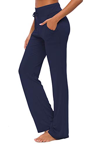 OURCAN Pantalones De Yoga para Mujer con Bolsillos Cordón De Pierna Ancha Salón Recto Suelto Pantalones De Entrenamiento De Entrenamiento Pantalones De Chándal Casuales Activos (Azul Marino, M)