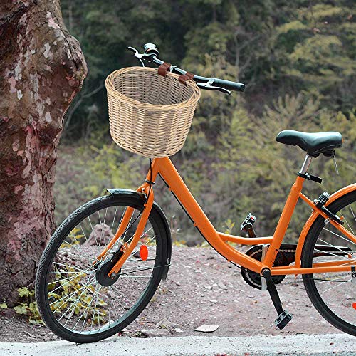 OURLITIME Cesta delantera de mimbre para bicicleta con cinturón de cuero hecho a mano de ratán natural cesta de almacenamiento para bicicleta infantil, bicicleta de adulto