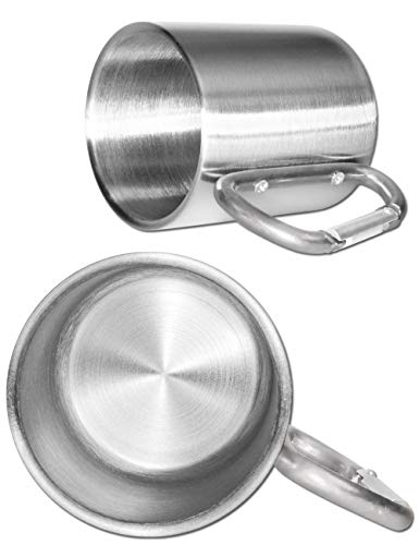 Outdoor Saxx® - Taza de camping, taza de exterior, taza de metal, con asa de mosquetón atornillada, acero inoxidable, senderismo, trekking, trabajo, 250 ml, plata (plata).