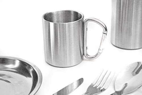 Outdoor Saxx® - Taza de camping, taza de exterior, taza de metal, con asa de mosquetón atornillada, acero inoxidable, senderismo, trekking, trabajo, 250 ml, plata (plata).