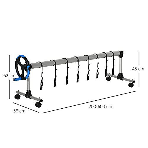 Outsunny Enrollador de Cubiertas para Piscinas con Tubo Telescópico Ajustable 2-6 m de Aluminio y 8 Correas de Fijación 4 Ruedas con Freno 600x58x62 cm Plata