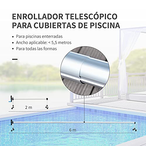 Outsunny Enrollador de Cubiertas para Piscinas con Tubo Telescópico Ajustable 2-6 m de Aluminio y 8 Correas de Fijación 4 Ruedas con Freno 600x58x62 cm Plata