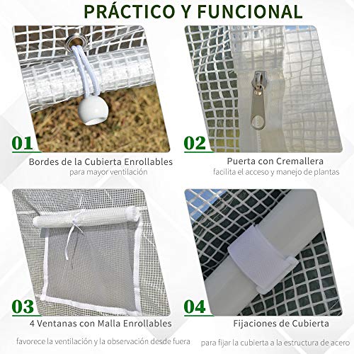 Outsunny Invernadero de Jardín 240x180x200 cm Túnel con 4 Ventanas y Puerta Enrollable para Cultivo de Plantas Flores Verduras Cubierta PE y Marco Acero Blanco