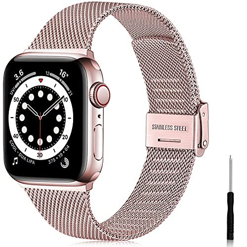 Ouwegaga Correa Compatible con Apple Watch Correa 38mm 40mm 41mm 42mm 44mm 45mm SE, Correa de Metal de Acero Inoxidable Compatible con iWatch Series 7 6 5 4 3 2 1, 38mm/40mm/41mm Oro Rosa