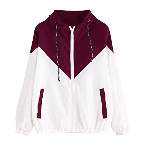 Overdose Nuevo Modelo De Moda Mujeres Manga Larga Patchwork Piel Fina Trajes con Capucha Cremallera Casual Sport Coat Sudadera con Capucha Superior (M, Q-Rojo)