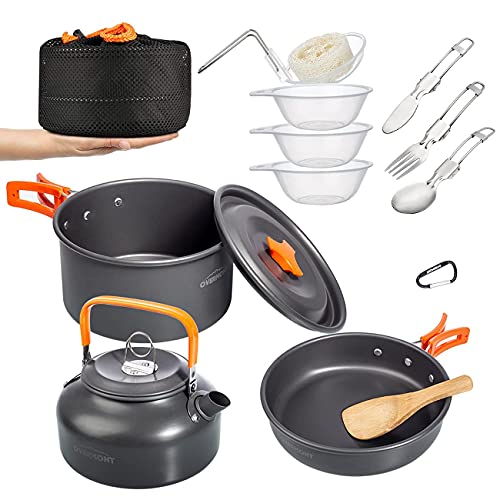 OVERMONT 14Pcs Kit de Utensilios Cocina Camping Olla Sartén Tetera Vajilla para Acampada Senderismo Excursión al Aire Llibre de Aluminio