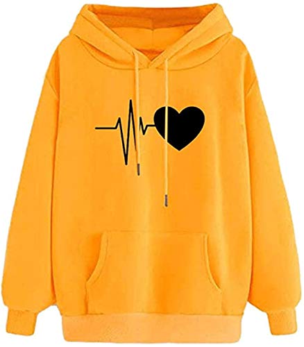 OVIWENEII Sudaderas Mujer con Capucha Impresión de Corazón Camiseta Tops de Manga Larga Pullover Suelta Otoño Invierno