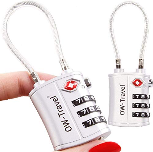 OW-Travel Candado Combinacion Cable Acero Flexible Anti robo. Candado maleta TSA numerico 3 Digitos. Candados mochila y maletas. Candado Taquilla Gimnasio. TSA candado seguridad equipaje Plata 2