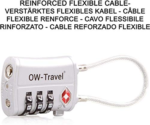 OW-Travel Candado Combinacion Cable Acero Flexible Anti robo. Candado maleta TSA numerico 3 Digitos. Candados mochila y maletas. Candado Taquilla Gimnasio. TSA candado seguridad equipaje Plata 2