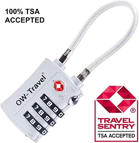 OW-Travel Candado Combinacion Cable Acero Flexible Anti robo. Candado maleta TSA numerico 3 Digitos. Candados mochila y maletas. Candado Taquilla Gimnasio. TSA candado seguridad equipaje Plata 2