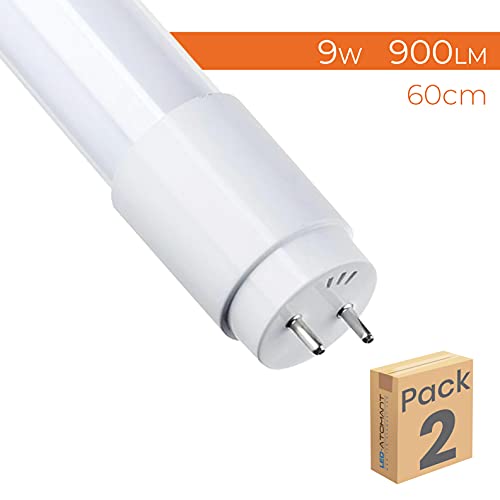 Pack 2x Tubo LED 60 cm, 9w. Color Blanco Frio (6500K). Cebador LED incluido. T8 Standard. 900 Lumenes.