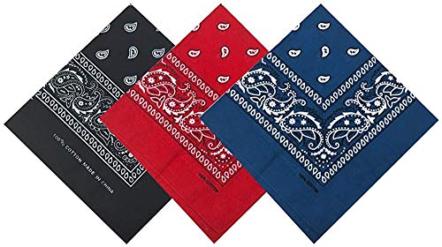 Pack 3 Pañuelos Bandanas de Paisley de Algodón para Cuello Pulsera Cabeza Unisex (negro+rojo+azul oscuro, Talla única)