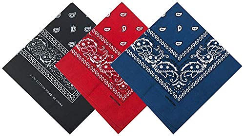 Pack 3 Pañuelos Bandanas de Paisley de Algodón para Cuello Pulsera Cabeza Unisex (negro+rojo+azul oscuro, Talla única)