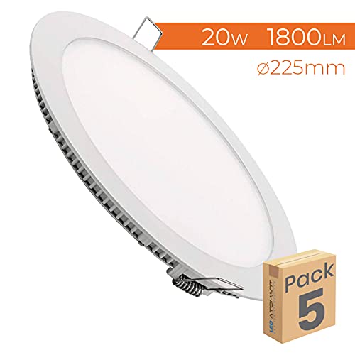Pack 5x Downlight LED Panel Extraplano Redondo 20W. Color Blanco Frio (6500K). 1800 Lumenes. Corte Standard.