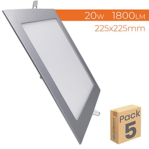 Pack 5x Panel LED Cuadrado Marco Plata 20W. Color Blanco Calido (3000K). 1800 Lumenes. Downlight Empotrar. Driver incluido.