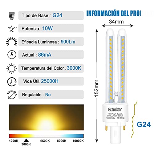 Pack de 6 Bombillas LED PLC Tubo 2U,10W, Maiz G24, 900Lm, Blanco Cálido 3000K, No regulable