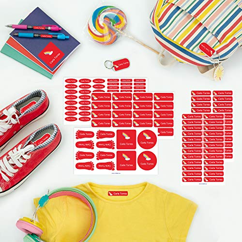 Pack de etiquetas para marcar la ropa, objetos, zapatos y mochilas de los niños. 142 etiquetas personalizadas perfectas para el cole o la guardería Stikets®