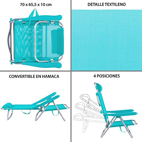 Pack de Silla Playa con cojín de Aluminio y textileno Aguamarina, sombrilla de Ø 180 cm. y Carro portasillas - LOLAhome