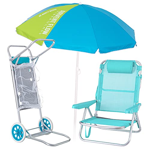 Pack de Silla Playa con cojín de Aluminio y textileno Aguamarina, sombrilla de Ø 180 cm. y Carro portasillas - LOLAhome