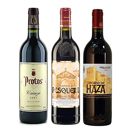Pack Vino Ribera del Duero Gourmet 3 botellas. 1 Protos Crianza, 1 Pesquera Crianza y 1 Condado de Haza Crianza