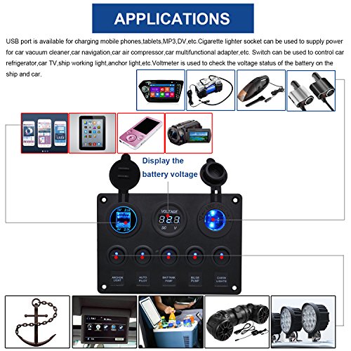 Panel de Dual Toma USB + 12V Voltímetro Digital LED +Encendedor de Cigarrillos +5 Interruptor para Coche Barco Marino Carvan Vehículos