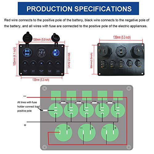 Panel de Dual Toma USB + 12V Voltímetro Digital LED +Encendedor de Cigarrillos +5 Interruptor para Coche Barco Marino Carvan Vehículos