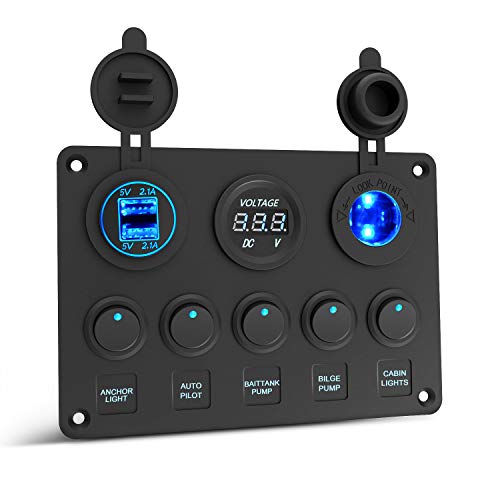 Panel de Dual Toma USB + 12V Voltímetro Digital LED +Encendedor de Cigarrillos +5 Interruptor para Coche Barco Marino Carvan Vehículos