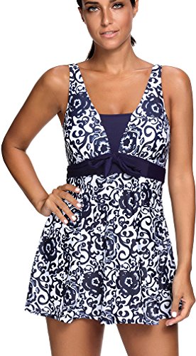 PANOZON Mujer Vestido de Baño de una Pieza Bañador con Braguita Alta de Bikinis para Mar Playa (4X-Large, Azul Marina-2)