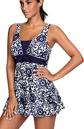 PANOZON Mujer Vestido de Baño de una Pieza Bañador con Braguita Alta de Bikinis para Mar Playa (4X-Large, Azul Marina-2)