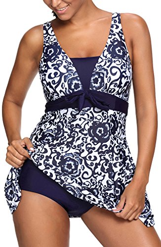 PANOZON Mujer Vestido de Baño de una Pieza Bañador con Braguita Alta de Bikinis para Mar Playa (4X-Large, Azul Marina-2)