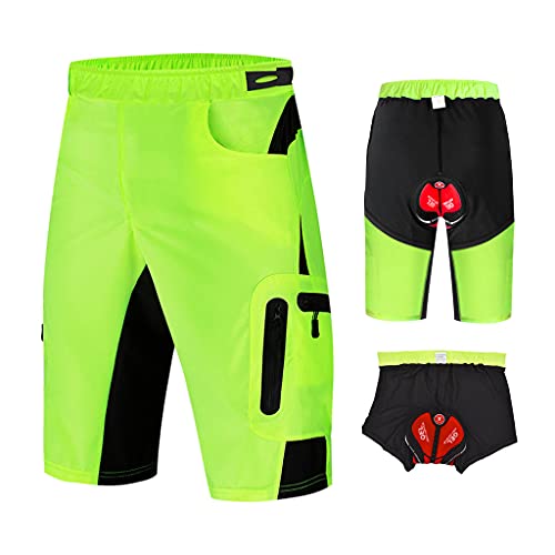 Pantalon Enduro MTB Holgado con Badana Gel 3D Culotte Transpirable Pantalon Cortos MTB Hombre Pantalon Mountain Bike Cintura Ajustable con 7 Bolsillos Ropa de Ciclismo MTB,Verde,XL