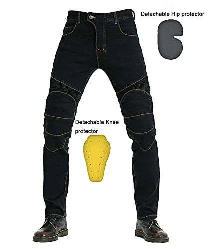 Pantalones de Moto de Moto de Carga Denim Mens Pantalones de Ciclista de Panel de Estiramiento con 4 Almohadillas Proteger Equipo Pantalones,Black-M=33.5”(85cm Waist)