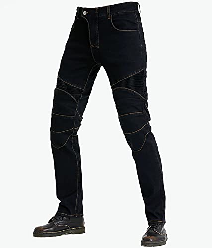Pantalones de Moto de Moto de Carga Denim Mens Pantalones de Ciclista de Panel de Estiramiento con 4 Almohadillas Proteger Equipo Pantalones,Black-M=33.5”(85cm Waist)