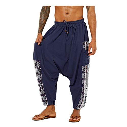 Pantalones harem unisex con bolsillo para hombre Pantalones holgados Bloomers Pantalones casuales de talla grande Vendaje elástico Aladdin Pantalones con estampado retro(azul marino,XXXL)