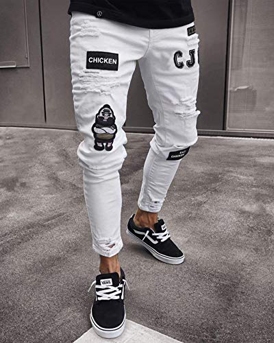 Pantalones Vaqueros Hombres Rotos Pitillo Slim Fit Skinny Pantalone Casuales Elasticos Agujero Pantalón Personalidad Jeans de Insignia Blanco L