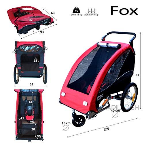 Papilioshop Fox - Remolque con carrito de bicicleta para el transporte de 1 niño (incluye rueda delantera giratoria, plegable), Verde