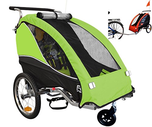 Papilioshop Fox - Remolque con carrito de bicicleta para el transporte de 1 niño (incluye rueda delantera giratoria, plegable), Verde