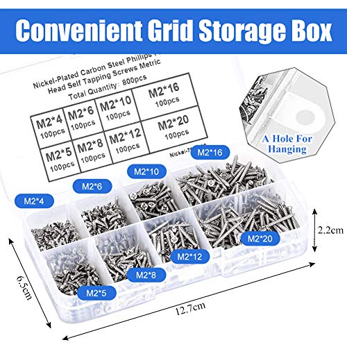 Paquete de tornillos Surtido de 800 tornillos autorroscantes M2 x 4 mm 5 mm 6 mm 8 mm 10 mm 12 mm 16 mm 20 mm Juego de tornillos de cabeza plana avellanada en cruz de acero al carbono niquelados