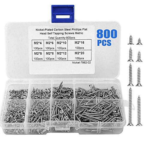 Paquete de tornillos Surtido de 800 tornillos autorroscantes M2 x 4 mm 5 mm 6 mm 8 mm 10 mm 12 mm 16 mm 20 mm Juego de tornillos de cabeza plana avellanada en cruz de acero al carbono niquelados