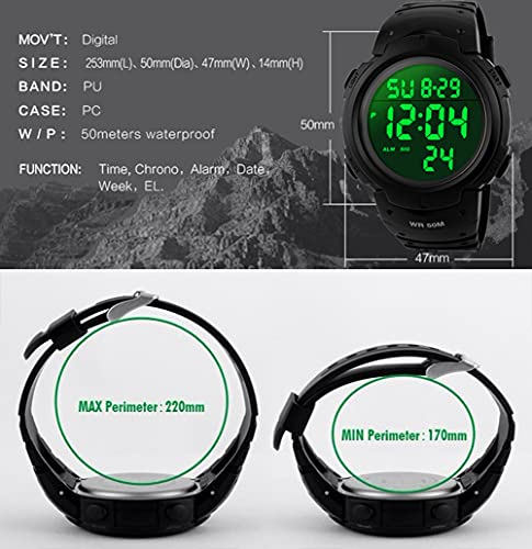 Para la práctica de deportes de los relojes digitales - al aire libre impermeable Deporte Reloj con alarma, Big Face Military muñeca relojes con retroiluminación LED para running hombres - Negro VDSOW